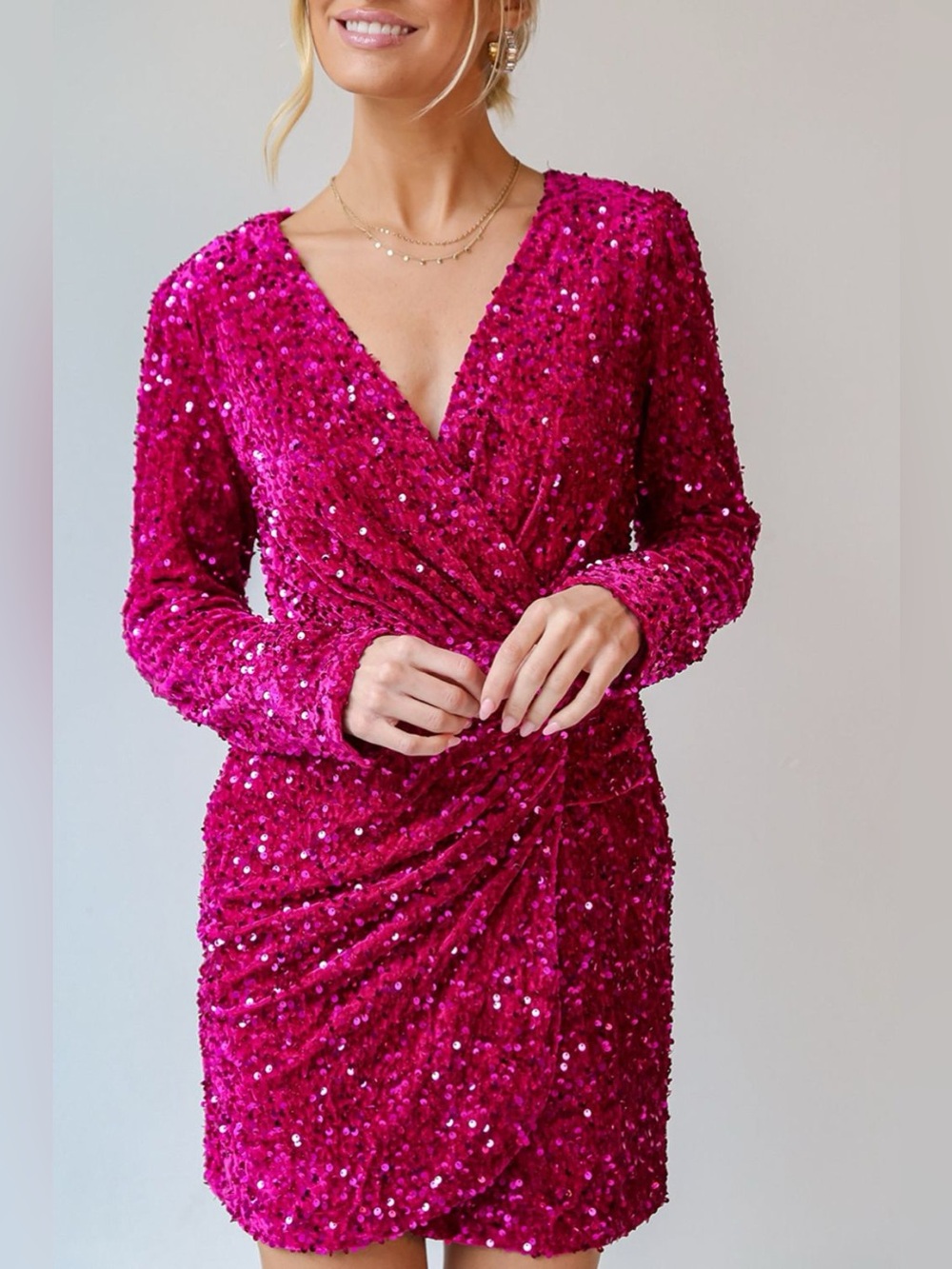 Sequin Surplice Long Sleeve Mini Dress